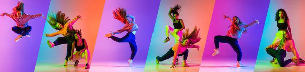 Two young girls, dancing contemporary dance on gradient pink purple background in neon. Collage - Photo, Image