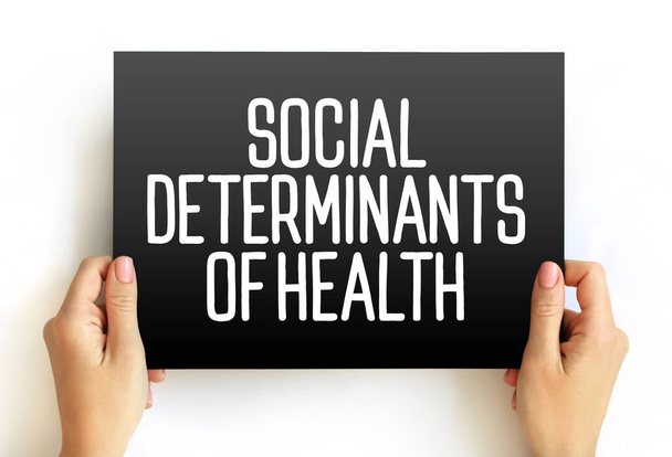 Sociale determinanten van gezondheid - economische en sociale omstandigheden die van invloed zijn op individuele en groepsverschillen in gezondheidsstatus, tekst op kaart - Foto, afbeelding