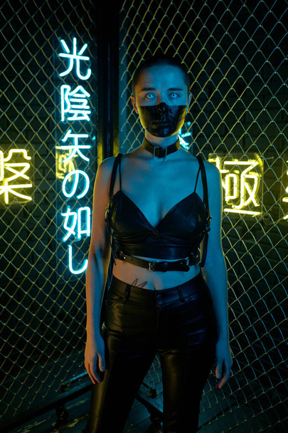 Cyberpunk girl in leather clothes - Photo, Image