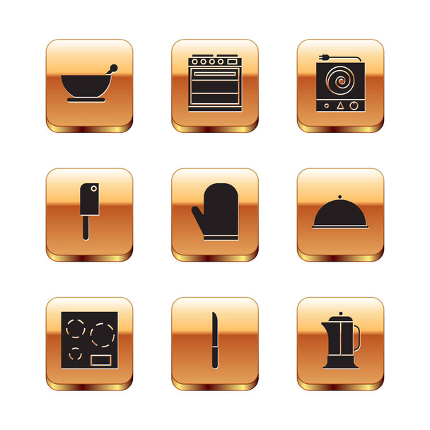 Set Mortar and pestle, Electric stove, Knife, Oven glove, Meat chopper, French press and  icon. Vector - Vector, Image