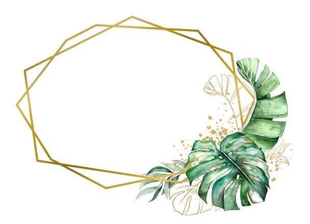 Golden geometric frame with green and golden watercolor tropical banana and monstera leaves illustration. Elegant Element for wedding design, greeting cards and crafting, place for text - Fotoğraf, Görsel
