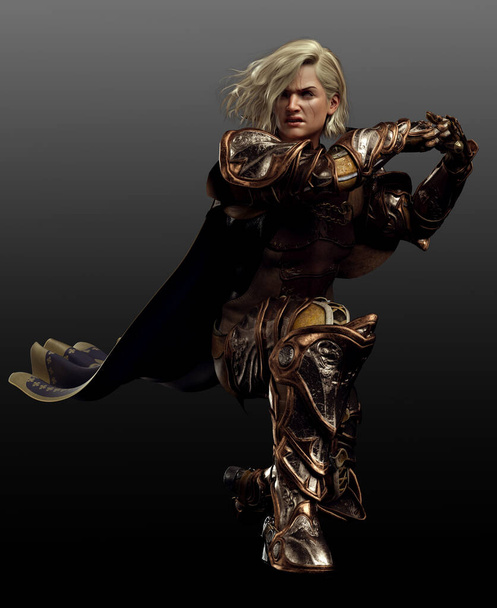 Fantasy Warrior of Paladin in Armor, Vechten Pose - Foto, afbeelding