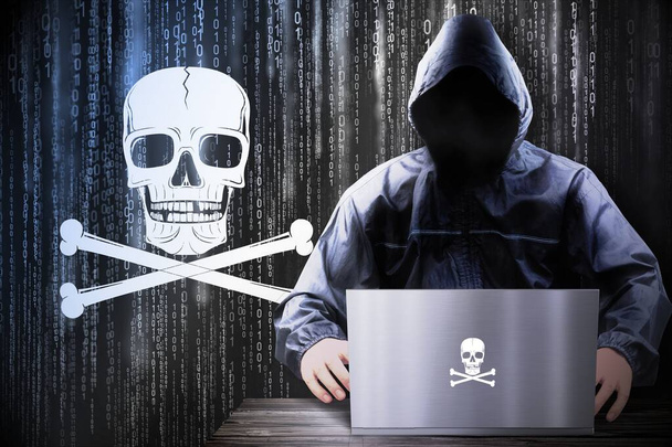 hacker con capucha anónimo, cráneos piratas, código binario - concepto de ataque cibernético - Foto, Imagen