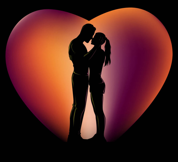 Silueta romantického páru na západě slunce barvy srdce ve tvaru pozadí. Vektorová ilustrace - Vektor, obrázek