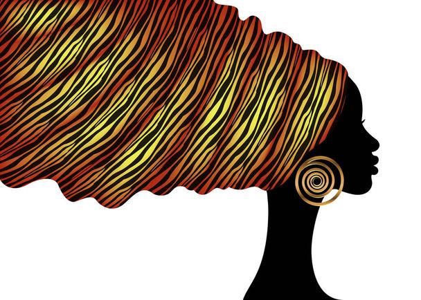 Afrikkalainen eläinten tulostaa turbaani pää kääri, muotokuva kauneus Nainen Afro kampaus, logo suunnittelu musta naisten hiukset mekko, vektori Afrikka etninen malli eristetty valkoisella taustalla - Vektori, kuva