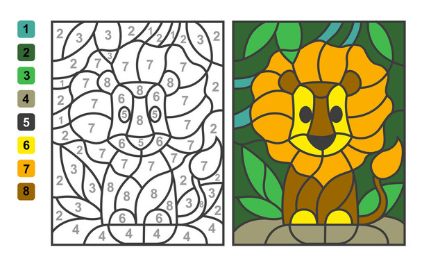 Simples vetor de coloração zoológico leão animal, cor por números. Jogo de puzzle para a educação das crianças - Vetor, Imagem
