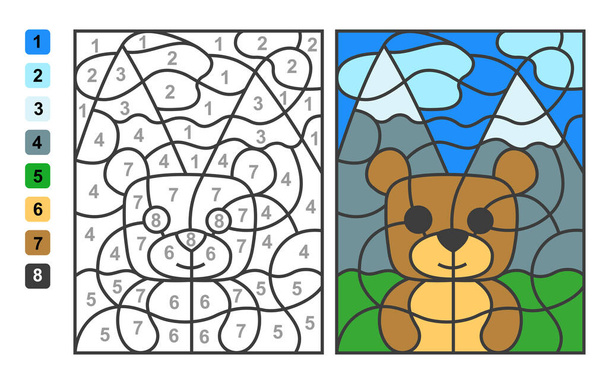 Semplice vettore colorazione orso animale selvatico, colore per numero. Puzzle game per l'educazione dei bambini - Vettoriali, immagini