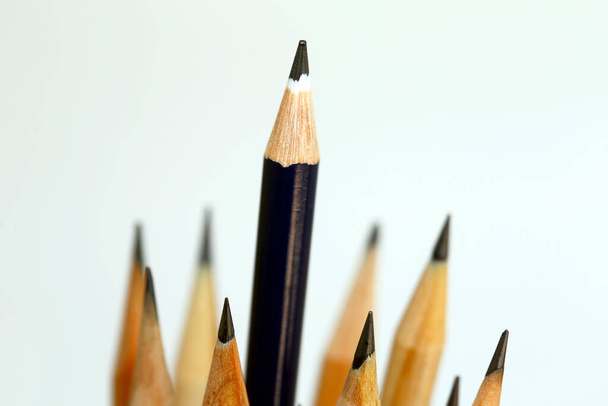 Niebieski ołówek w skupić się na belce z naturalnego drewna ołówki, na jasnym tle - Zdjęcie, obraz