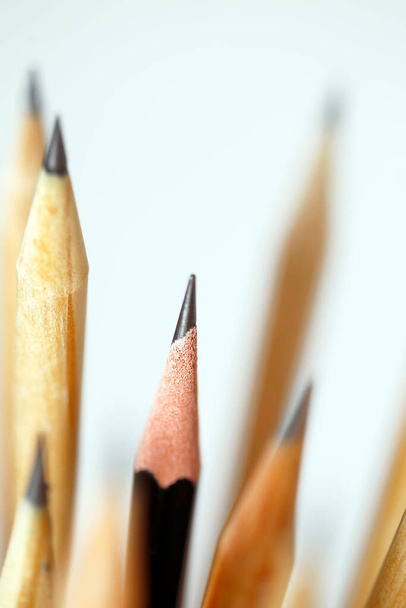 Zwart potlood in focus op bundel van natuurlijke houten potloden, op lichte achtergrond - Foto, afbeelding