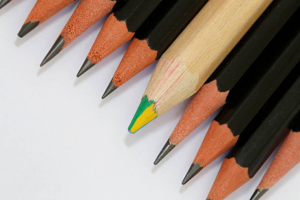 Bunter dicker Bleistift inmitten einer Gruppe feiner und schwarzer Bleistifte, die sich aneinander reihen und Unterschiede und Vielfalt kennzeichnen - Foto, Bild