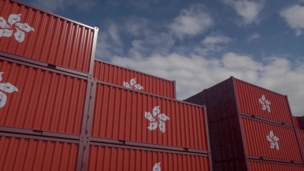 Kontejnery pod vlajkou Hongkongu jsou umístěny v kontejnerovém terminálu. Hong Kong export nebo import koncept, 4K - Záběry, video