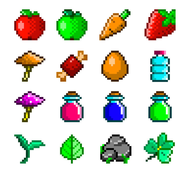 Alimentos y recursos píxeles iconos del arte. Frutas, frascos, activos del juego del vector de la hierba, sistema editable - Vector, imagen