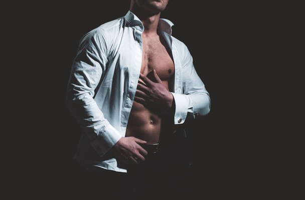 Hot boy. Sexy torso of a muscular man. Sensual handsome muscular gay with open shirt and hot body. - Fotoğraf, Görsel