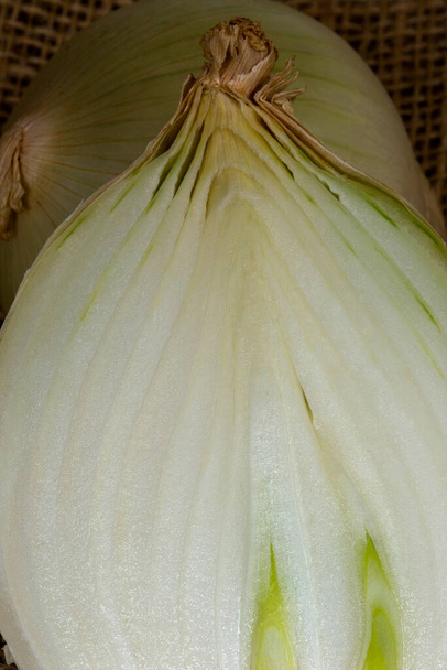 Closeup of onion cut on background of brown burlap sack - Zdjęcie, obraz