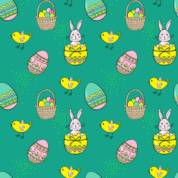 Paskalya 'da kusursuz bir düzen. El çizimi taslak tarzı. Tatlı Paskalya tavşanı, yumurta ve tavuk. Renkli şenlik geçmişi. Kağıt, tekstil, duvar kağıdı ve ambalaj için dekorasyon. - Fotoğraf, Görsel