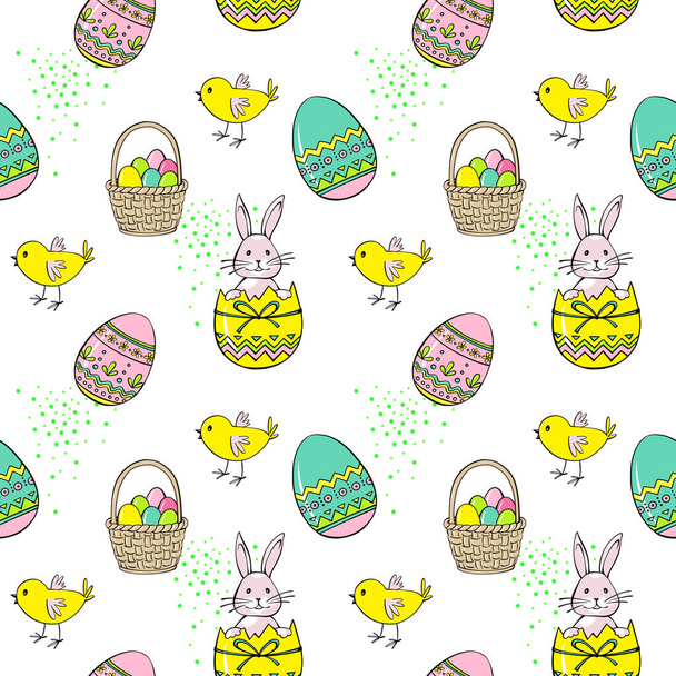 Paskalya 'da kusursuz bir düzen. El çizimi taslak tarzı. Tatlı Paskalya tavşanı, yumurta ve tavuk. Renkli şenlik geçmişi. Kağıt, tekstil, duvar kağıdı ve ambalaj için dekorasyon. - Fotoğraf, Görsel
