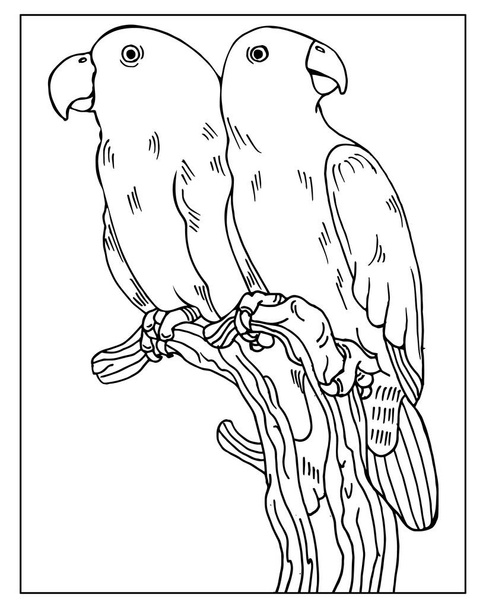 Linea arte disegnato a mano coppia di simpatici pappagalli su un ramo d'albero. Schizzo per libro da colorare per bambini. - Vettoriali, immagini
