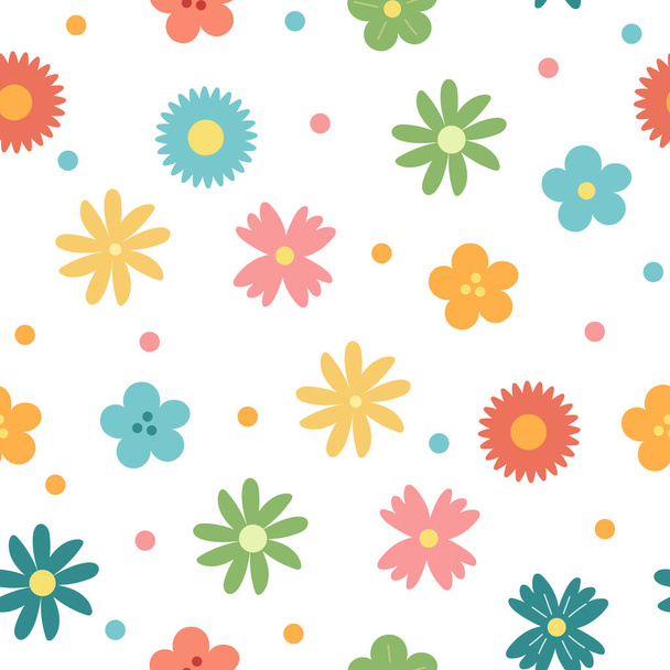Simple spring flowers - seamless vector pattern on white. Hand drawn cartoon style - Vector, imagen