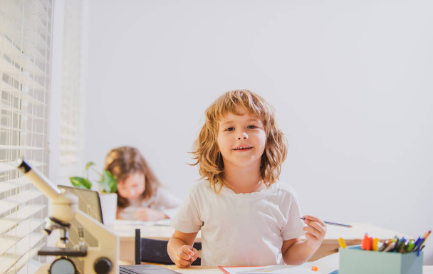 Back to school. Happy cute child is sitting at a desk indoors. Cild is learning in class. - Fotografie, Obrázek