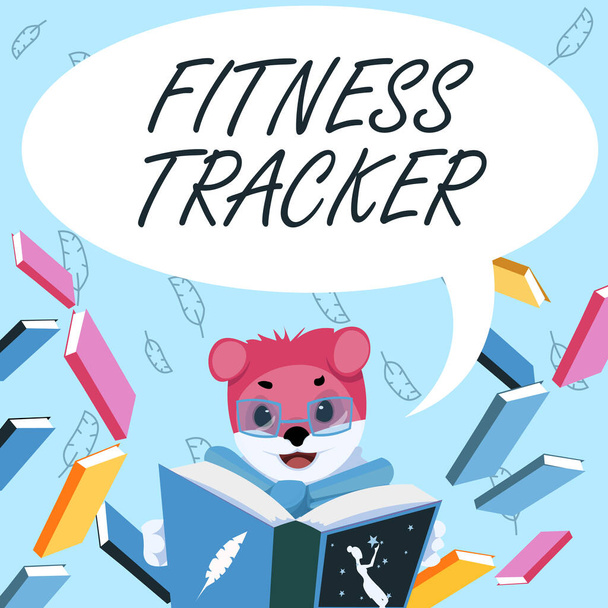 Text caption presenting Fitness Tracker. Business concept device that records a persons daily physical activity Fox With Glasses Sitting In Library Reading A Book Studying. - Photo, Image
