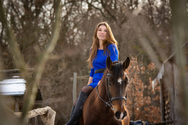 Дівчина в блакитній сукні сидить на коні на тлі зимового лісу
 - Фото, зображення