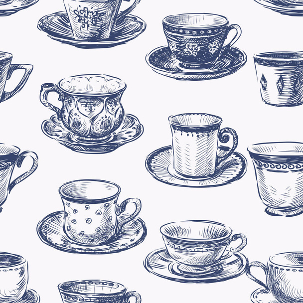 Seamless pattern of sketches set various vintage tea cups  - Vector, Image