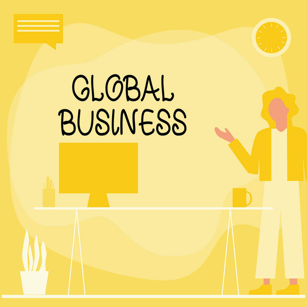 Konzeptionelle Bildunterschrift: Global Business. Wort für Handel und Geschäftssystem eines Unternehmens auf der ganzen Welt Frau im Büro mit Laptop mit Sprechblase neben Pflanzenvase. - Foto, Bild