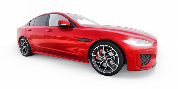 Тула, Россия. 3 февраля 2022: Jaguar XE R Dynamic 2020. Спортивный седан Red Premium. 3D иллюстрация. - Фото, изображение