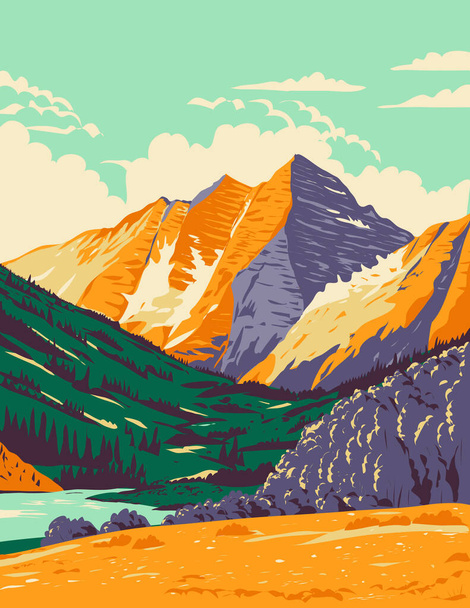 WPA-Plakatkunst der Maroon Bells in den Elk Mountains, Maroon Peak und North Maroon Peak in Pitkin County und Gunnison County, Colorado, Vereinigte Staaten von Amerika im Stil der Werksverwaltung. - Vektor, Bild