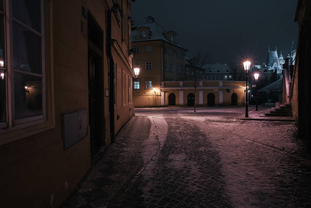 Snowy street at center Prague at night 2021 - Valokuva, kuva