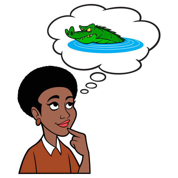 Schwarze Frau denkt an einen Alligator - Cartoon-Illustration einer Schwarzen Frau denkt an einen Alligator in freier Wildbahn.  - Vektor, Bild