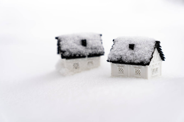 Two 3D model house on snow natural background for winter season - Photo, Image