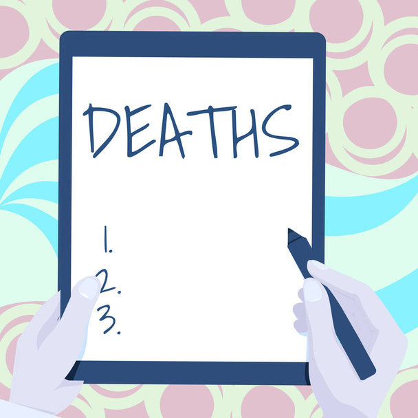 Text caption presenting Deaths. Word Written on permanent cessation of all vital signs, instance of dying individual Drawing Of Both Hands Holding Tablet Lightly Presenting Wonderful Ideas - Photo, Image