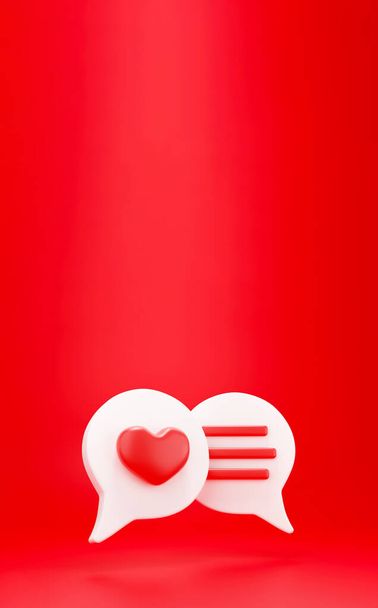 3D srdce s chatovou bublinou. 3D oznámení sociálních médií láska jako ikona srdce s obrazcem diskusní zprávy - Fotografie, Obrázek