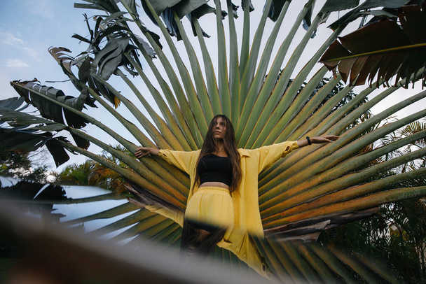 a beautiful skinny brunette girl in a yellow suit poses on vacation near tropical palm trees at a golf club in the Dominican Republic - Фото, зображення