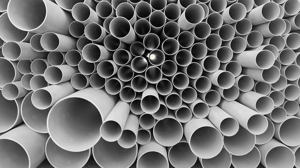 Tubos de PVC apilados en tierra en obra, renderizado 3D. - Foto, imagen