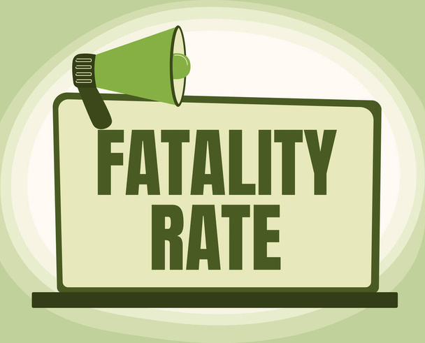 Inspiratie toont teken Fatality Rate. Woord Geschreven op het berekende aantal sterfgevallen over een bepaalde periode Illustratie van Megafoon Op Blanco Monitor Aankondigingen maken. - Foto, afbeelding