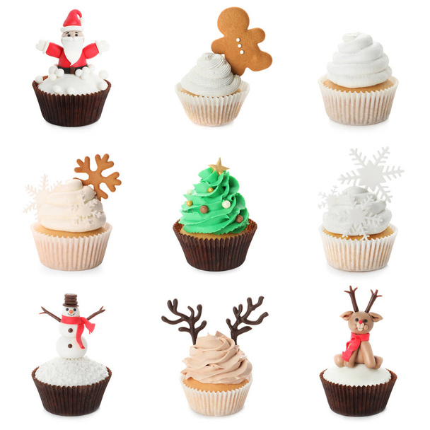 Tasty cupcakes with Christmas decor on white background, collage - Foto, imagen