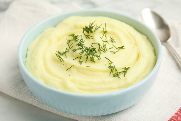 Freshly cooked homemade mashed potatoes on white table, closeup - Foto, immagini