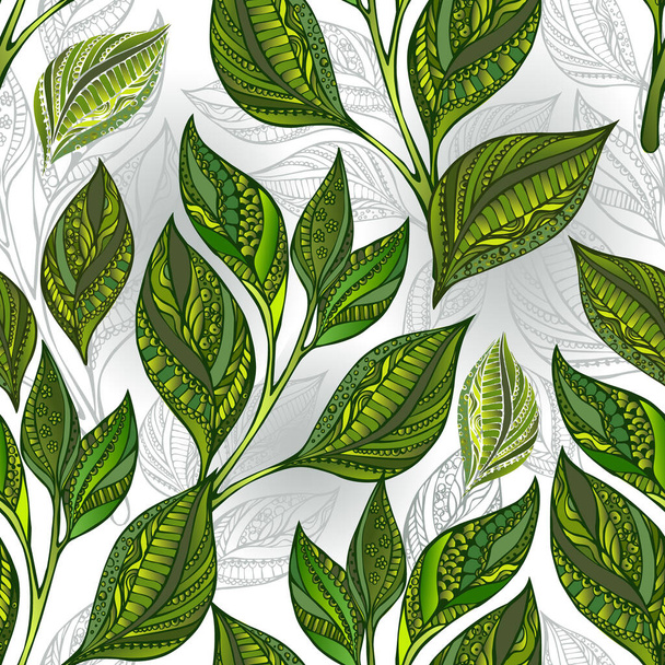 Seamless pattern of green patterned tea leaves and sprouts on a light background. Tea design. - Wektor, obraz
