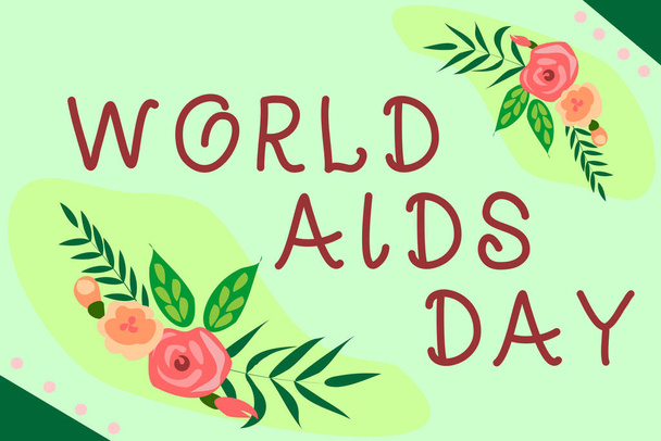 Mão escrita sinal Dia Mundial da SIDA. Conceito de negócio World Aids Day Text Frame Rodeado com Flores Sortidas Corações e Folhas. - Foto, Imagem