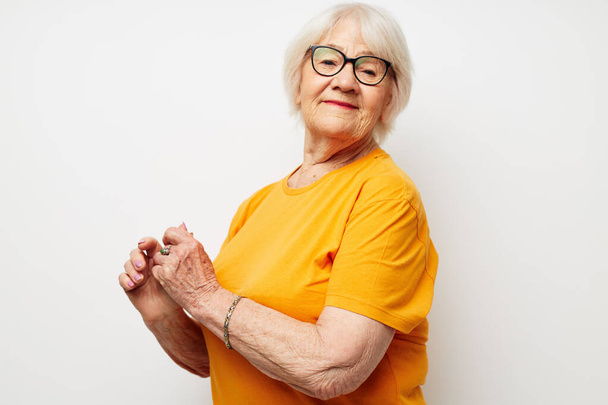 elderly woman health lifestyle eyeglasses treatment isolated background - Фото, изображение