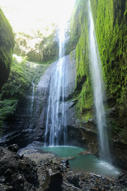 インドネシアのジャワ島にある緑の苔と青い空のマダカリプラ滝の美しい景色 - 写真・画像