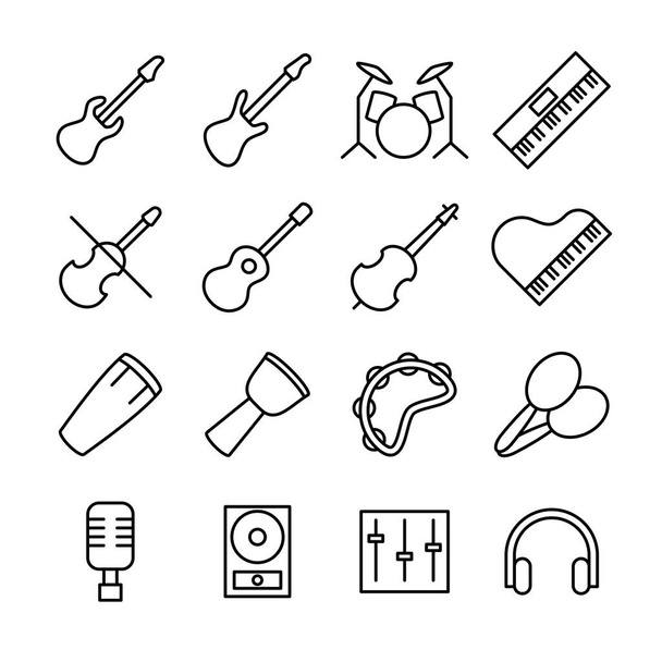 Linear icon set related of musical industry. Contain musical instrument and audio equipment. Editable stroke vector, isoated at white background - Διάνυσμα, εικόνα