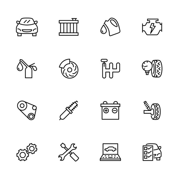 Line icon set related to car repairing and maintenance service. Contain symbol and activity of automotive business service. Editable stroke and isolated at white background vector - Vector, Image