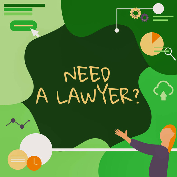 Hand writing sign Need A Lawyerquestion. Business idea Looking for legal advice or preparing legal documents Lady Drawing Standing Holding Projector Remote Control Presenting Pie Charts - 写真・画像