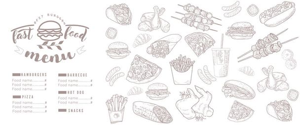 Fast food menu, engraved sketch. - ベクター画像