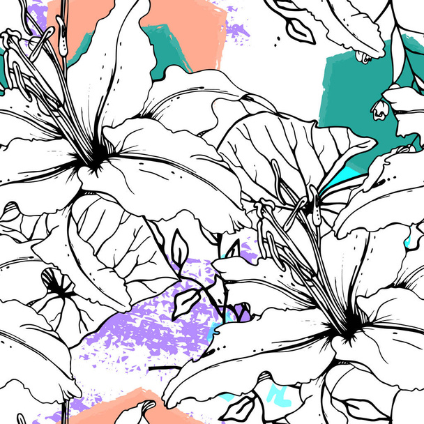 Floral Black White Print. Tropical Jungle Leaf on Geometric Brush Shapes. Modern Motif. Foliage Summer Seamless Pattern. Trending Vector Background. Artistic Botanical Surface. Plant Texture Fashion. - ベクター画像