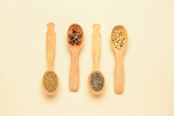 Wooden spoons with different spices on color background - Foto, imagen