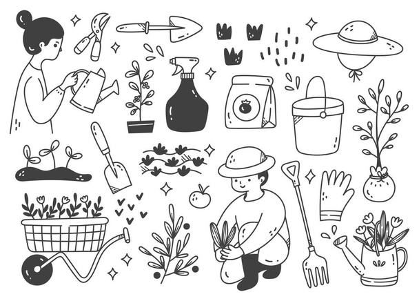 conjunto vetorial de ferramentas de jardinagem, ilustração desenhada à mão - Vetor, Imagem